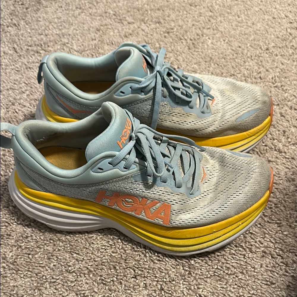 Hoka Women's Bondi 8 Blue and Yellow Running Shoes